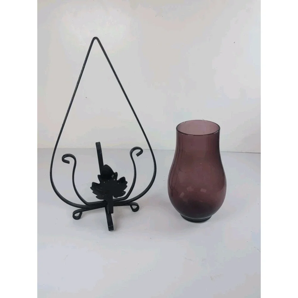 Black Metal Hanging Candle Holder W/Purple Glass Hurricane Footed Vintage Boho